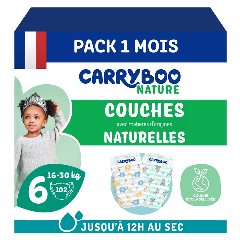 CARRYBOO - Nappies Size 6 (16-30 kg) - Sensitive Skin - Natural and Ultra Absorbent - 12h Leak-Proof - No unwanted Ingredients - Made in France - 102 Nappies - Pack 1 Month
