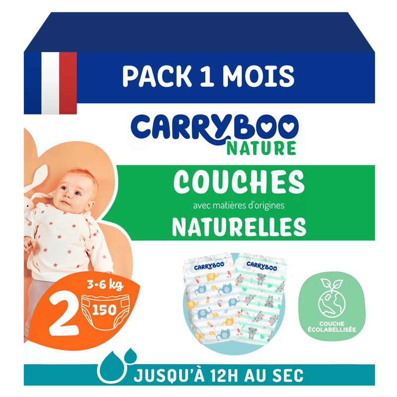 Carryboo - Nappies Size 2 3-6 kg - Ecological Baby Diapers - Natural, Hypoallergenic, Fragrance Free and Leak Proof Baby Care - Made in France - 150 Disposable Nappies - 1 Month