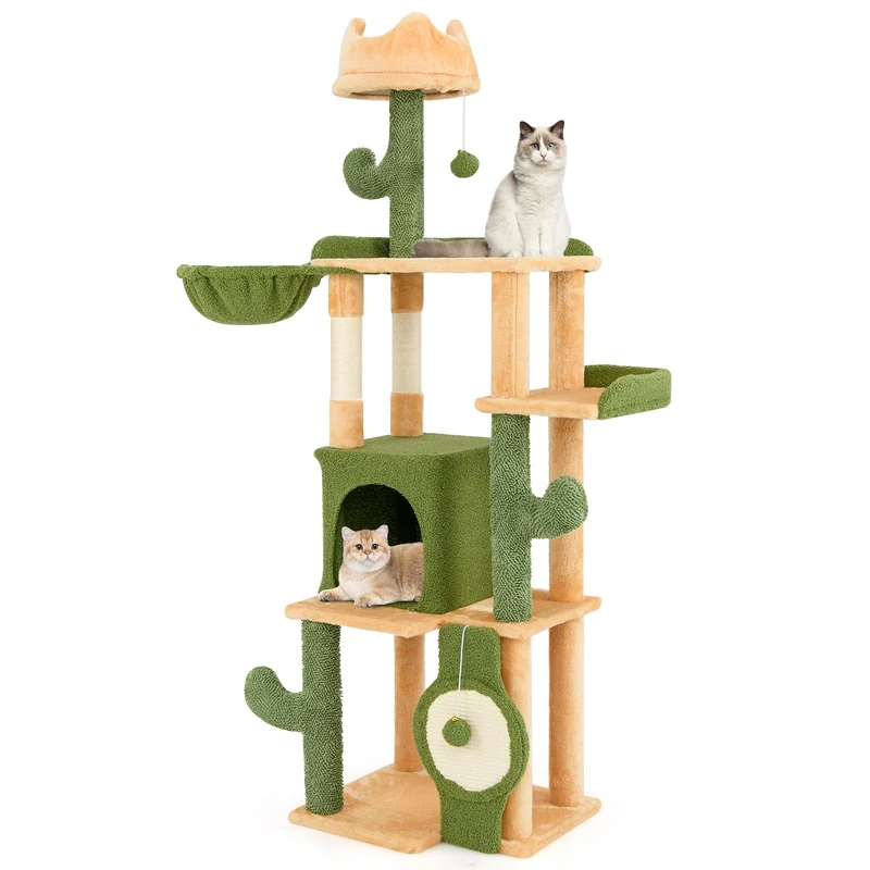 COSTWAY Cactus Cat Scratching Post with Cat Cave Platforms Sisal Posts Basket Scratching Board & Toy Cat Tower Cat Furniture Cat Scratching Post Wooden Green + Orange