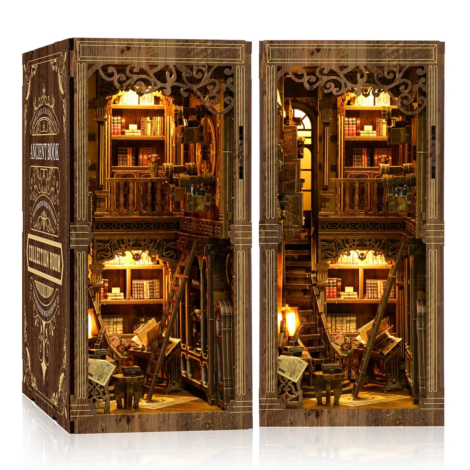 Book Nook Kit - (Classic Edition) - DIY Miniature Wooden Puzzle | Vintage Book Collection Room with LED Lights | 3D Dollhouse Bookend for Bookshelf Decoration | Creative Gifts