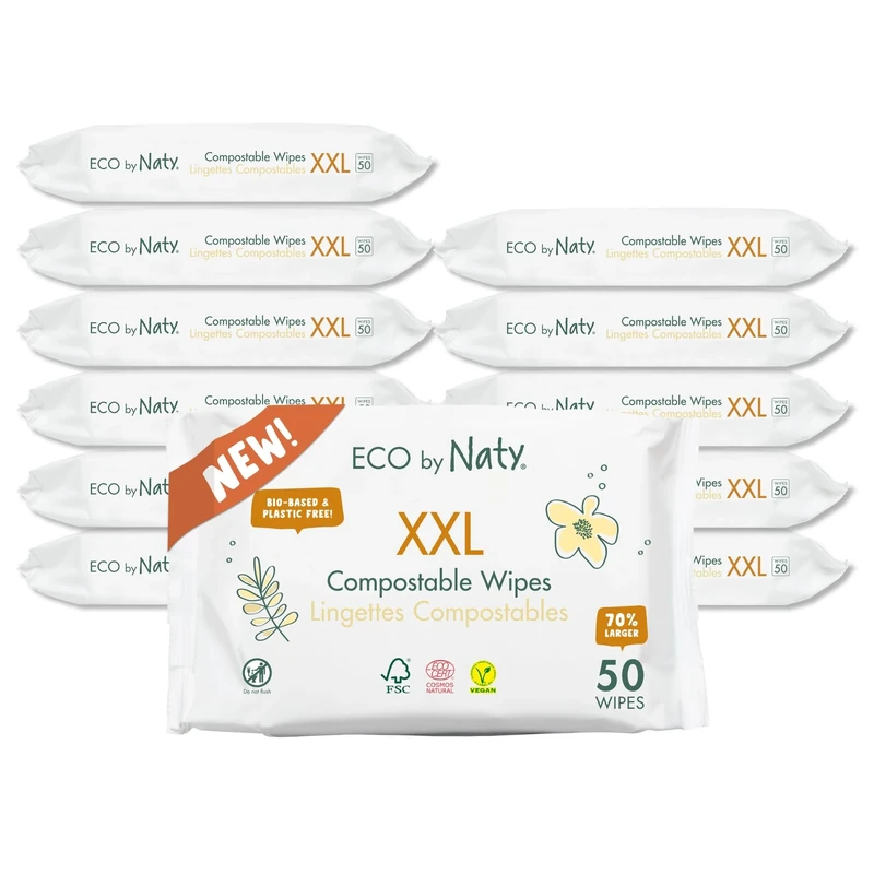 Naty Compostable XXL Baby Wipes - Unscented, 100% Plant-Based, Plastic-Free, Fragrance-Free, Hypoallergenic for sensitive skin and Dermatologically Tested (XXL - 600 Wipes - 12 Packs of 50)