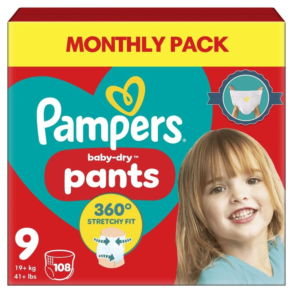 Pampers Baby-Dry Nappy Pants Size 9, 108 Nappies, 19kg+, Monthly Pack, 360° Fit to Help Prevent Gaps and Leaks