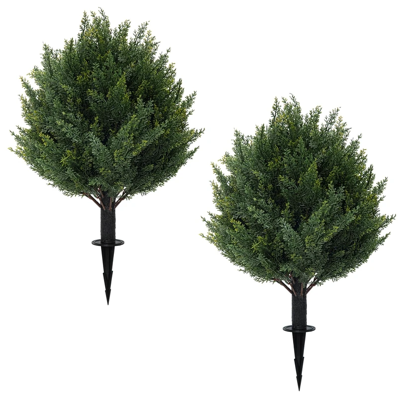 24" Artificial Cypress Topiary Tree with Ground Spike, Fake Shrubs UV Resistant Artificial Cedar Bushes, Set of 2 Faux Plants for Indoor Outdoor Front Porch Garden - Image 1