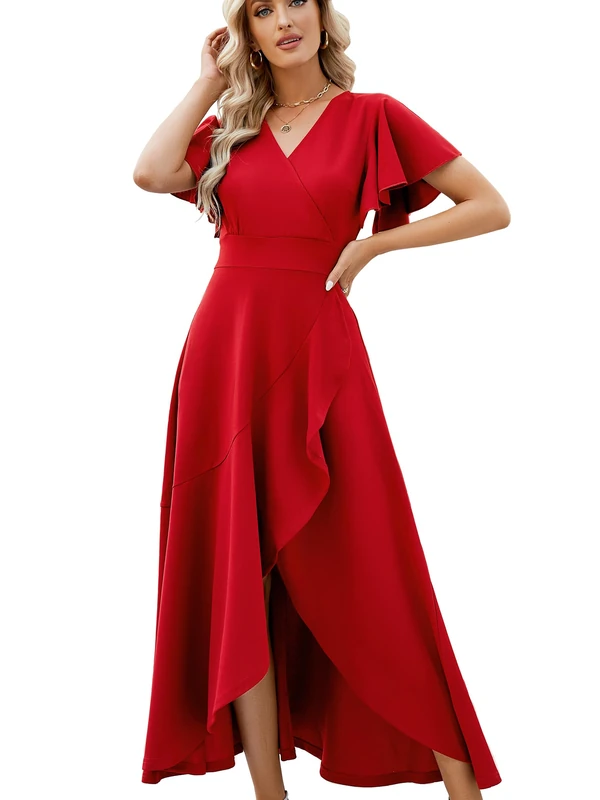Long Black Formal Dresses for Women Gowns Evening Party Cocktail Dress,Split Elegant V Neck Wrap Ruffle Wedding Guest Dresses, Bright Red, L - Image 1