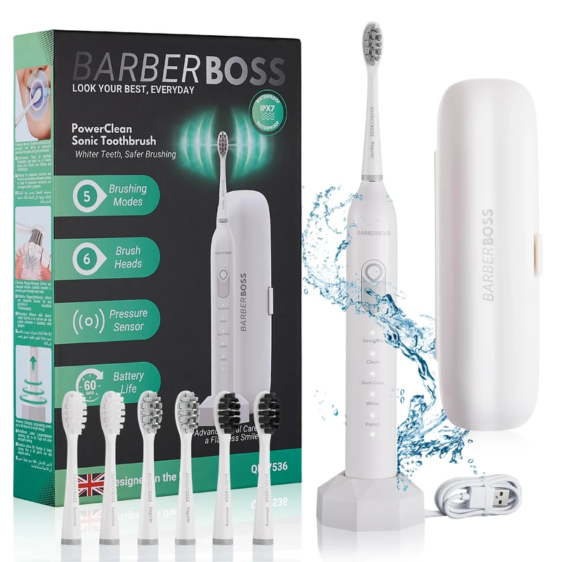 BarberBoss Electric Toothbrush for Adults - Features 5 Cleaning Modes, Includes 6 Toothbrush Heads, Enhanced with Pressure Sensor, Smart Timer, and Travel Case, Model QR-7536 (White)