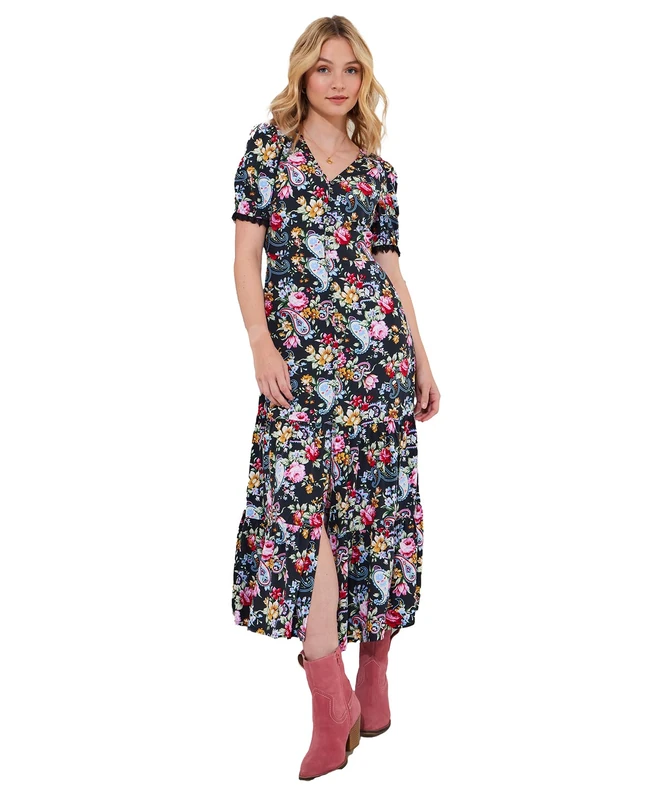 Joe Browns Women's Floral Lace Trim V-Neck Maxi Dress, Regular Fit, Black, UK 16