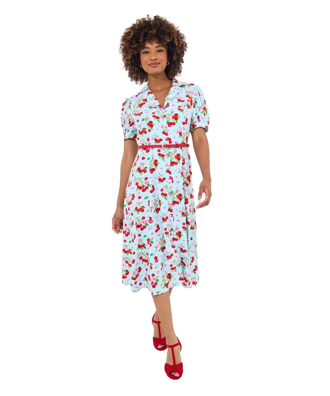Joe Browns Women's Vintage Cherry Print Collared Belted Midi Dress, Regular Fit, Blue, UK 18