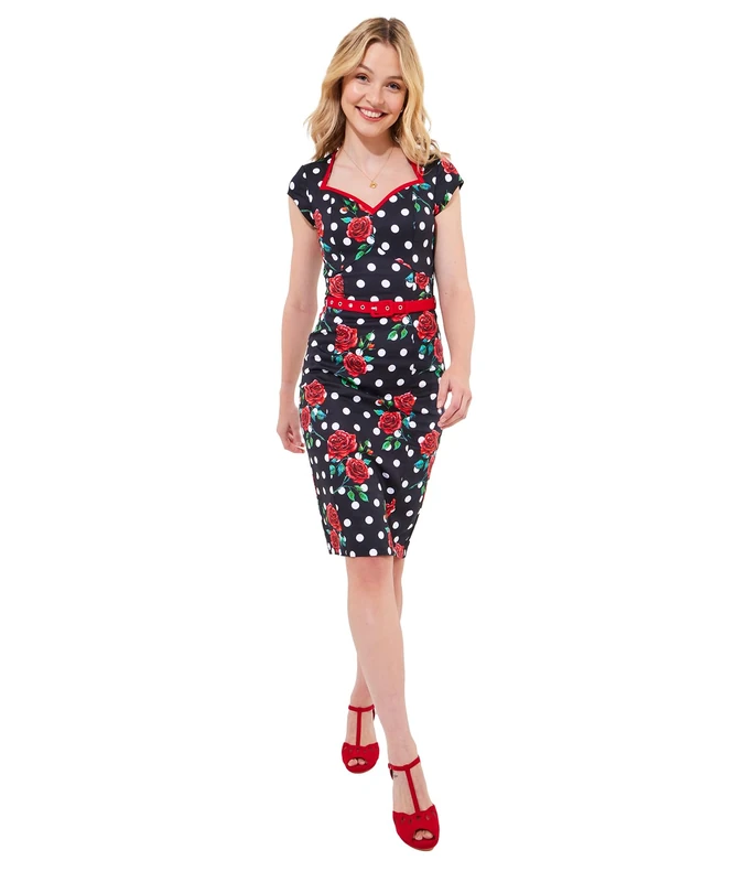 Joe Browns Women's Polka Dot and Rose Print Sweetheart Bodycon Dress, Regular Fit, Black, UK 18