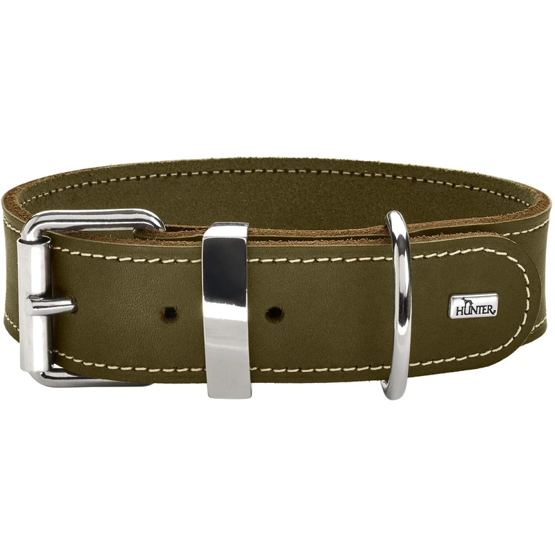 HUNTER Aalborg Special Dog Collar, Colour: Olive Green, Greased Leather, Robust and Durable, Contrasting Stitching Ideal for Dog Sports, Made in Germany, Size: 80