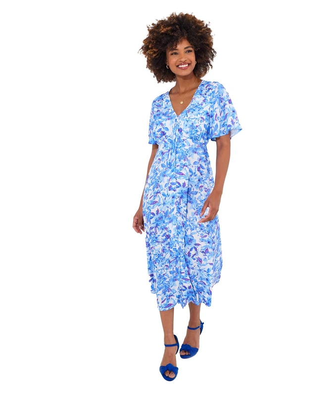 Joe Browns Women's Floral Floaty Sleeve Tie-Neck Midi Dress, Blue, 12