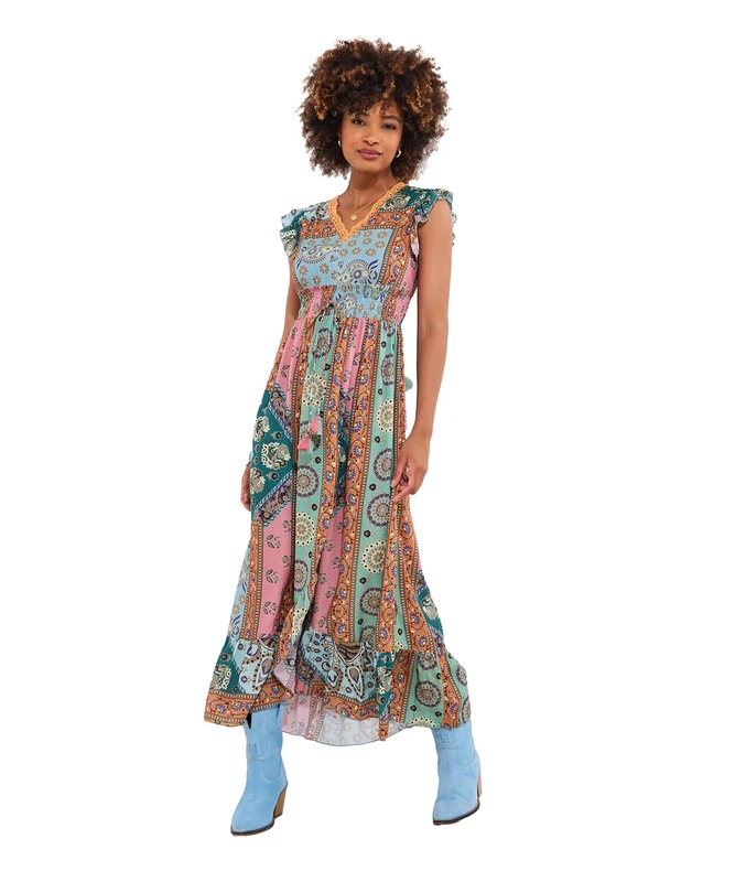 Joe Browns Women's Lace Detail Patchwork Maxi Dress, Regular Fit, Blue, UK 18