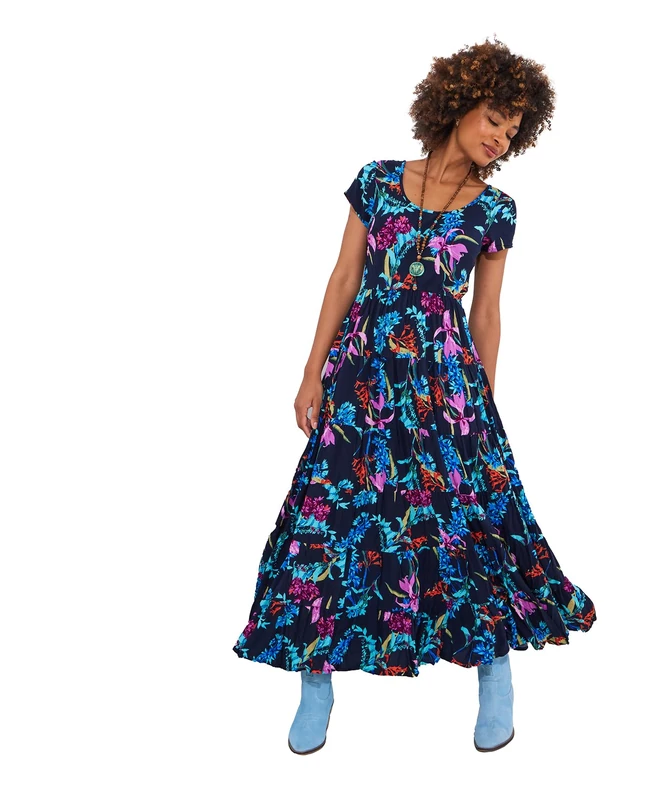 Joe Browns Women's Dark Floral Print Full Skirt Crinkle Maxi Dress, Regular Fit, Blue, UK 10