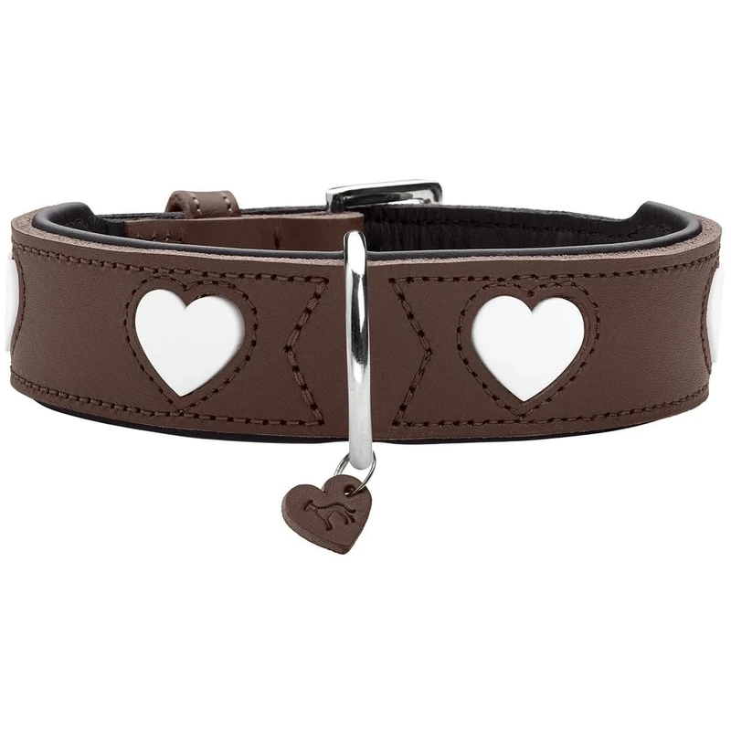 HUNTER Love Dog Collar, Colour: Brown/Black, Soft, Robust Cowhide Leather, Individually Sewn-in Hearts, Handmade, High, Particularly Soft, Made in Germany, Size 50