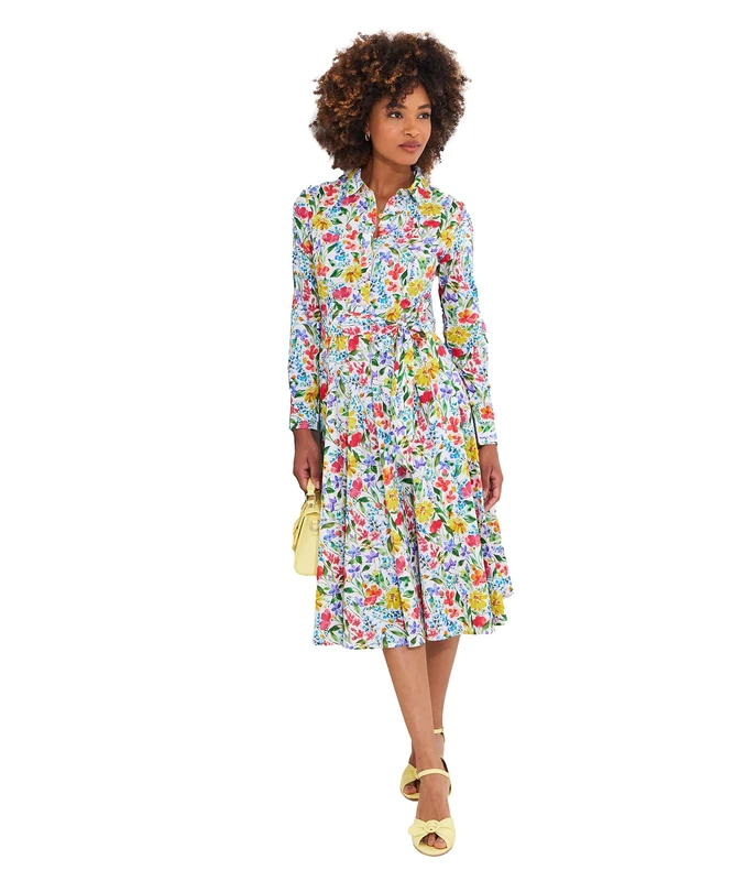 Joe Browns Women's Vibrant Floral Button-Down Shirt Dress, Regular Fit, White, UK 10