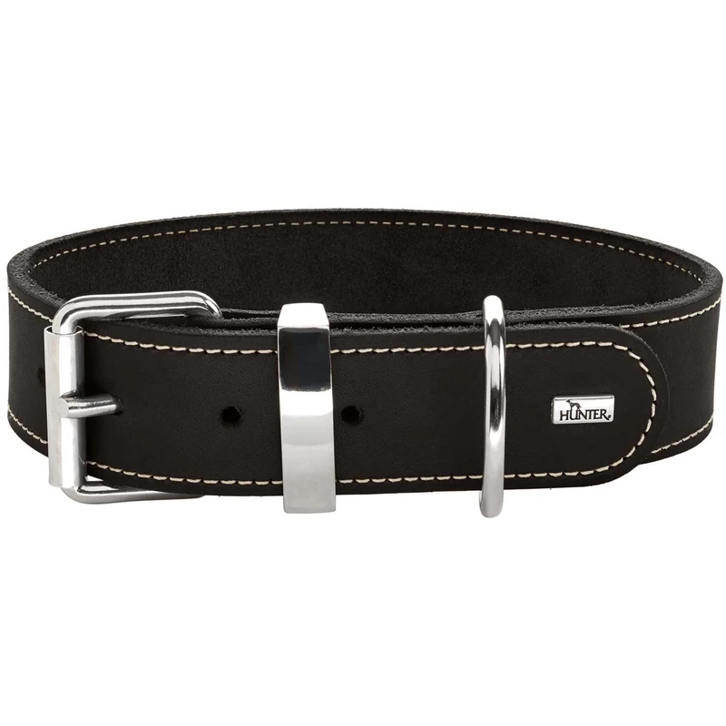 HUNTER Aalborg Special Dog Collar Colour: Black, Strong Greased Leather, Robust and Durable, Contrasting Stitching Ideal for Dog Sports, Made in Germany, Size: 80