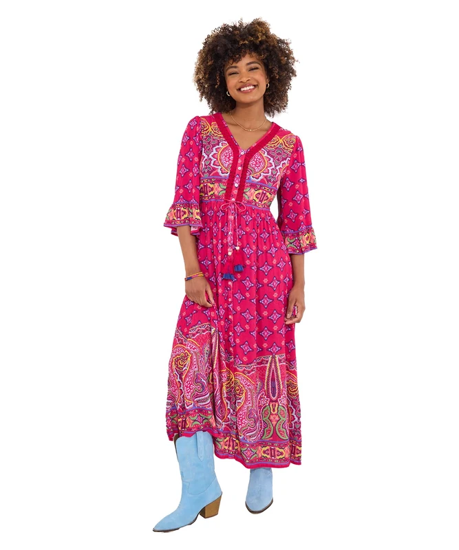 Joe Browns Women's Vibrant Border Print Button Through Maxi Dress, Regular Fit, Pink, UK 12