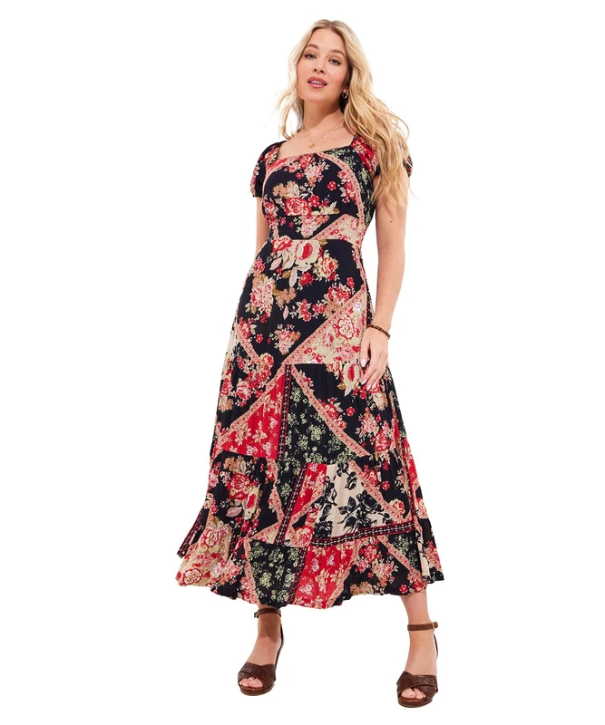 Joe Browns Women's Flowy Patchwork Maxi Dress, Regular Fit, Black, UK 10