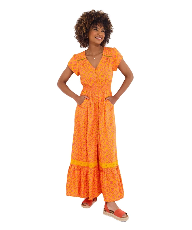 Joe Browns Women's V-Neck Geo Print Maxi Dress, Orange, 18