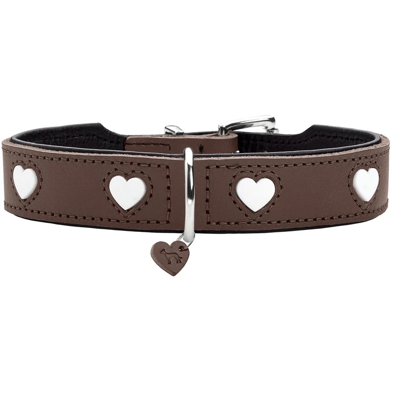 HUNTER Love Dog Collar, Colour: Brown/Black, Soft, Robust Cowhide Leather, Individually Sewn-in Hearts, Handmade, High, Particularly Soft, Made in Germany, Size 47