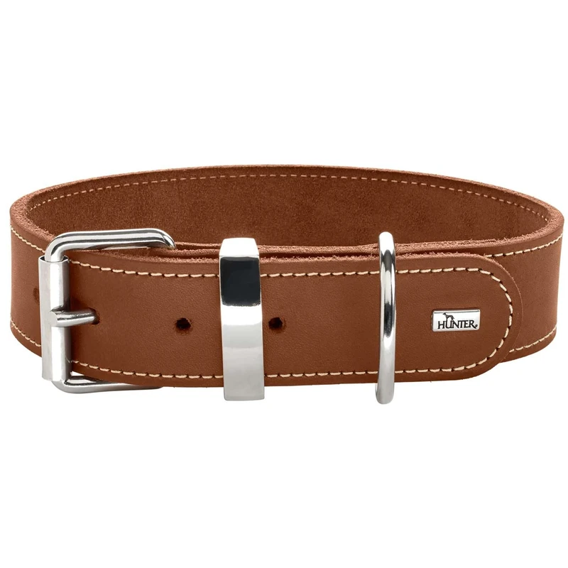 HUNTER Aalborg Special Dog Collar, Colour: Cognac, Greased Leather, Robust and Durable, Contrasting Stitching Ideal for Dog Sports, Made in Germany, Size: 80