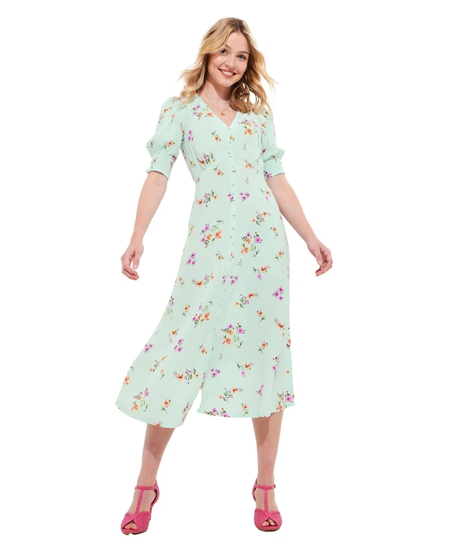 Joe Browns Women's Ditsy Floral Mock Button Midi Dress, Regular Fit, Green, UK 14