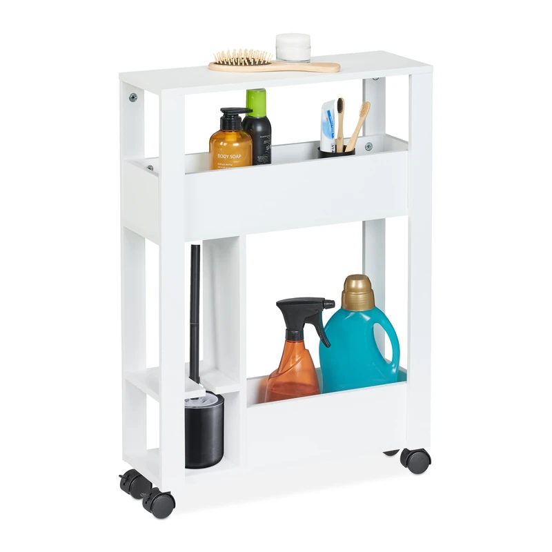 Relaxdays Slim Rolling Cart, 3 Shelves & Toilet Brush Holder, 71.5 x 17 x 50 cm, Storage for Bathroom and Kitchen, White, Fibreboard, Plastic