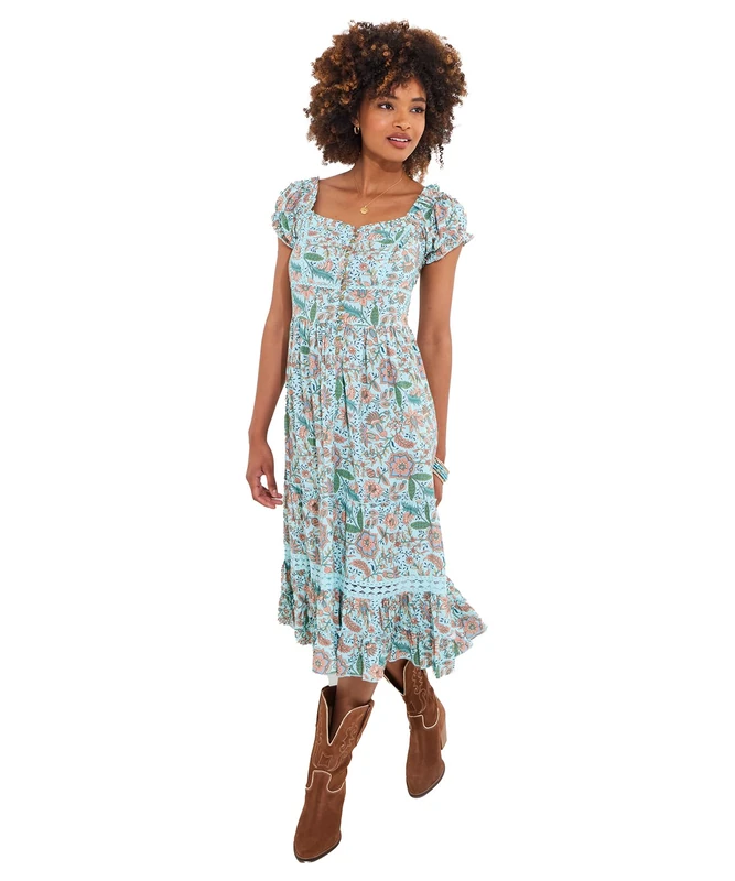 Joe Browns Women's Floral Knee Length Dress, Regular Fit, Blue, UK 14