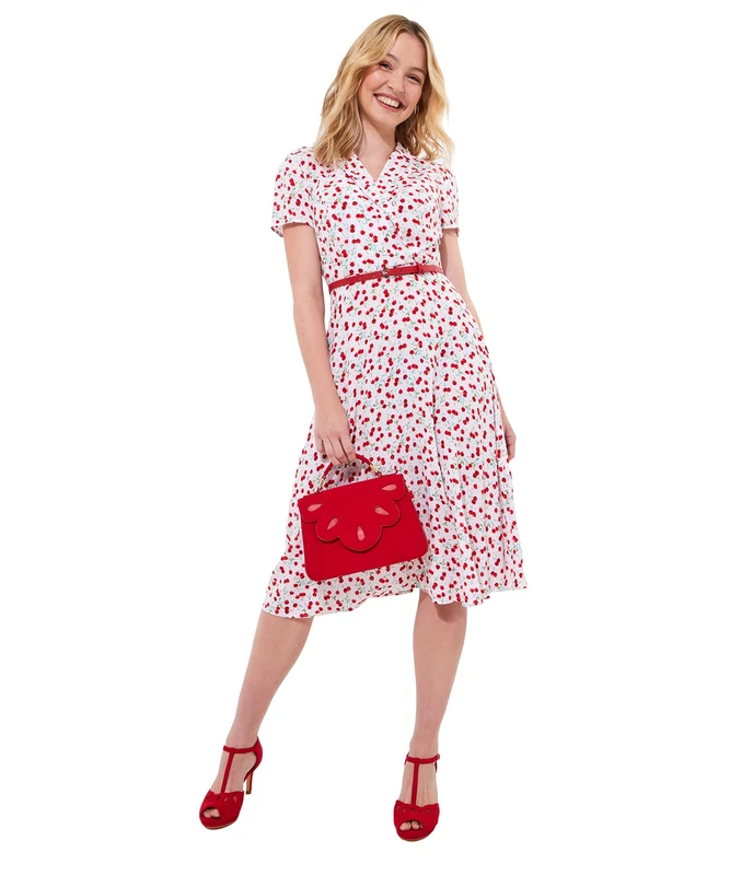 Joe Browns Women's Cherry Print Tie-Waist Midi Dress, White, 18