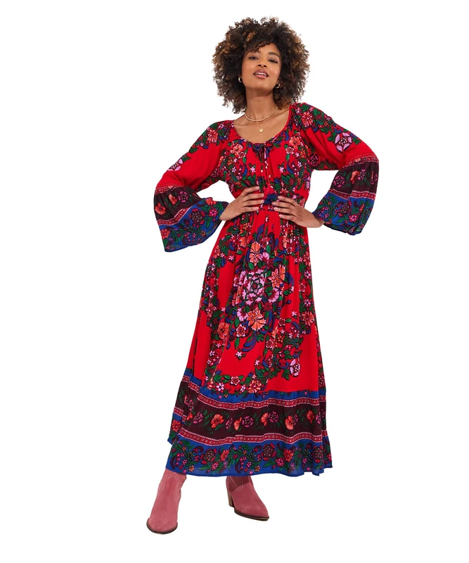 Joe Browns Women's Mock Button Boho Print Shirred Waist Maxi Dress, Regular Fit, Red, UK 10
