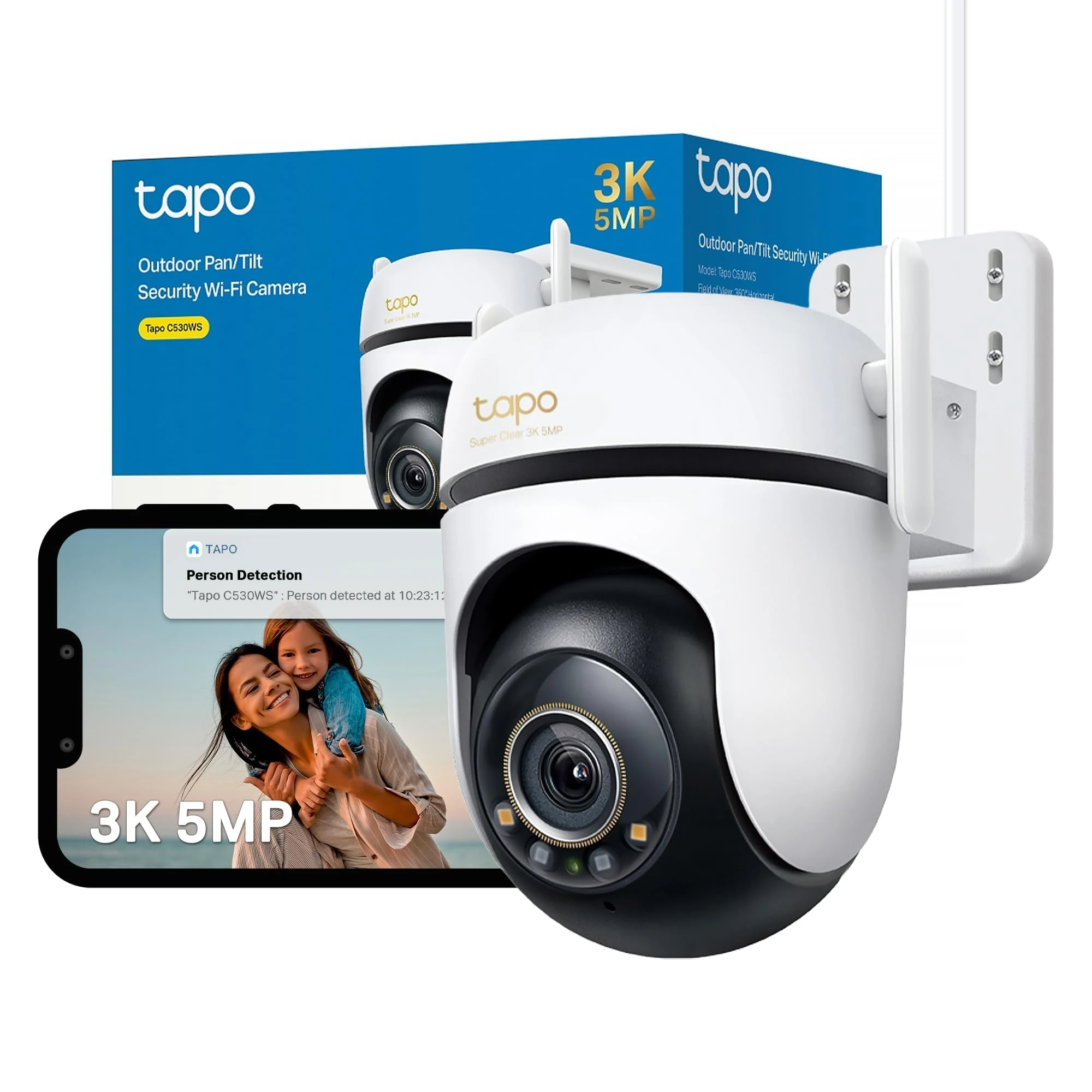Tapo C530WS Pan/Tilt Outdoor Security Camera, 3K 5MP WiFi Outdoor Camera, 360° Vision Motion Tracking, No Monthly Fee, AI Detection, Starlight Colour Night Vision, IP66, Works with Alexa & Google