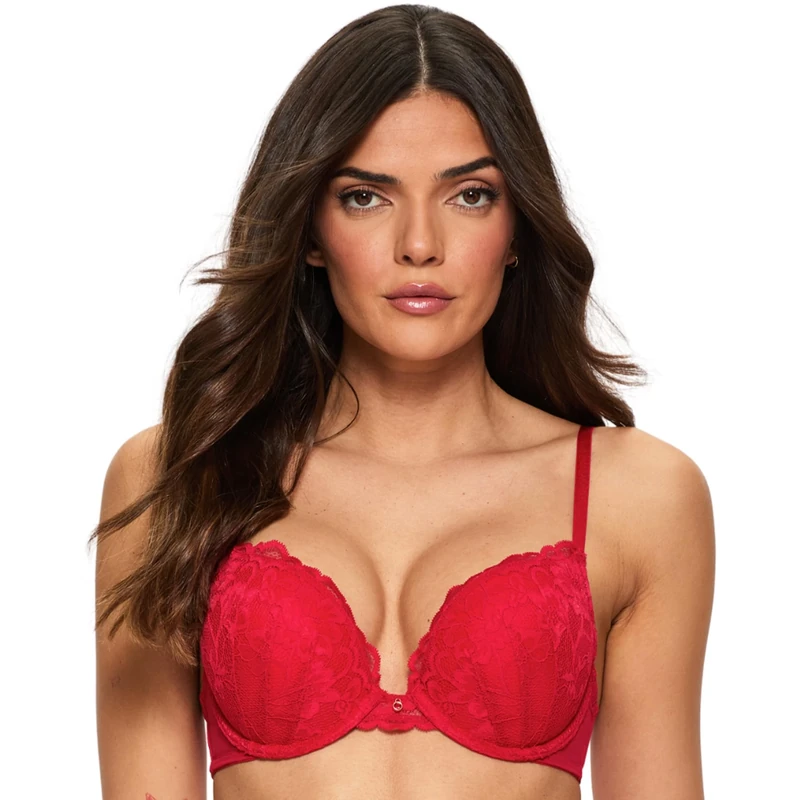 Ann Summers Sexy Lace Padded Boost Bra, A-DD Cup, Curve-Enhancing Womens Underwear with Graduated Push-Up Cups, Underwire Support & Plunge Fit for Double Cleavage Boost Red - Womens Lingerie