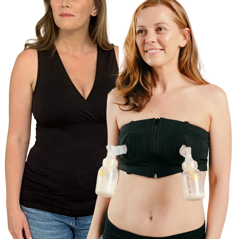 Hands-Free Pumping Bra - Comfortable, Adjustable, Customizable - Converts Nursing Bra or Maternity Bra to Breast Pump Bra, Black - Includes 1" Zip in Front Extender + Bonus Tank Top, XS-L