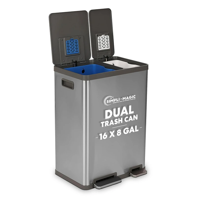 Simpli-Magic 60L Rectangular Double Compartment Kitchen Recycling Bin with Self Closing Lid Brushed Stainless Steel (38 x 22 Litre Capacity)