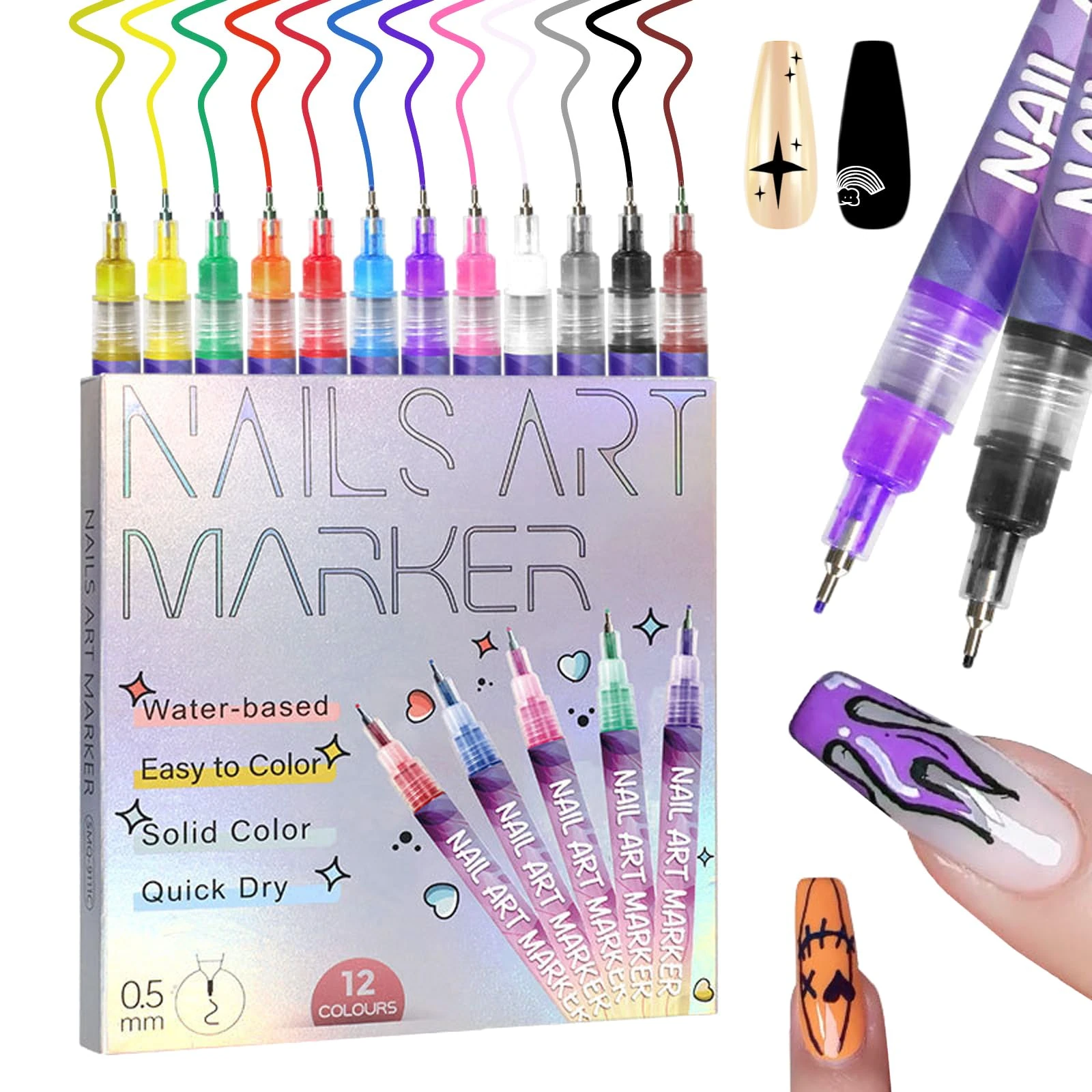 MKNZOME 12 Color Nail Art Pens, 3D 0.5 MM Nail Polish Pens Set Dotting Tools Acrylic Paint Pens Drawing Painting Point Liner Pen, Waterproof and Quick-drying for DIY Nail Art Design Tools