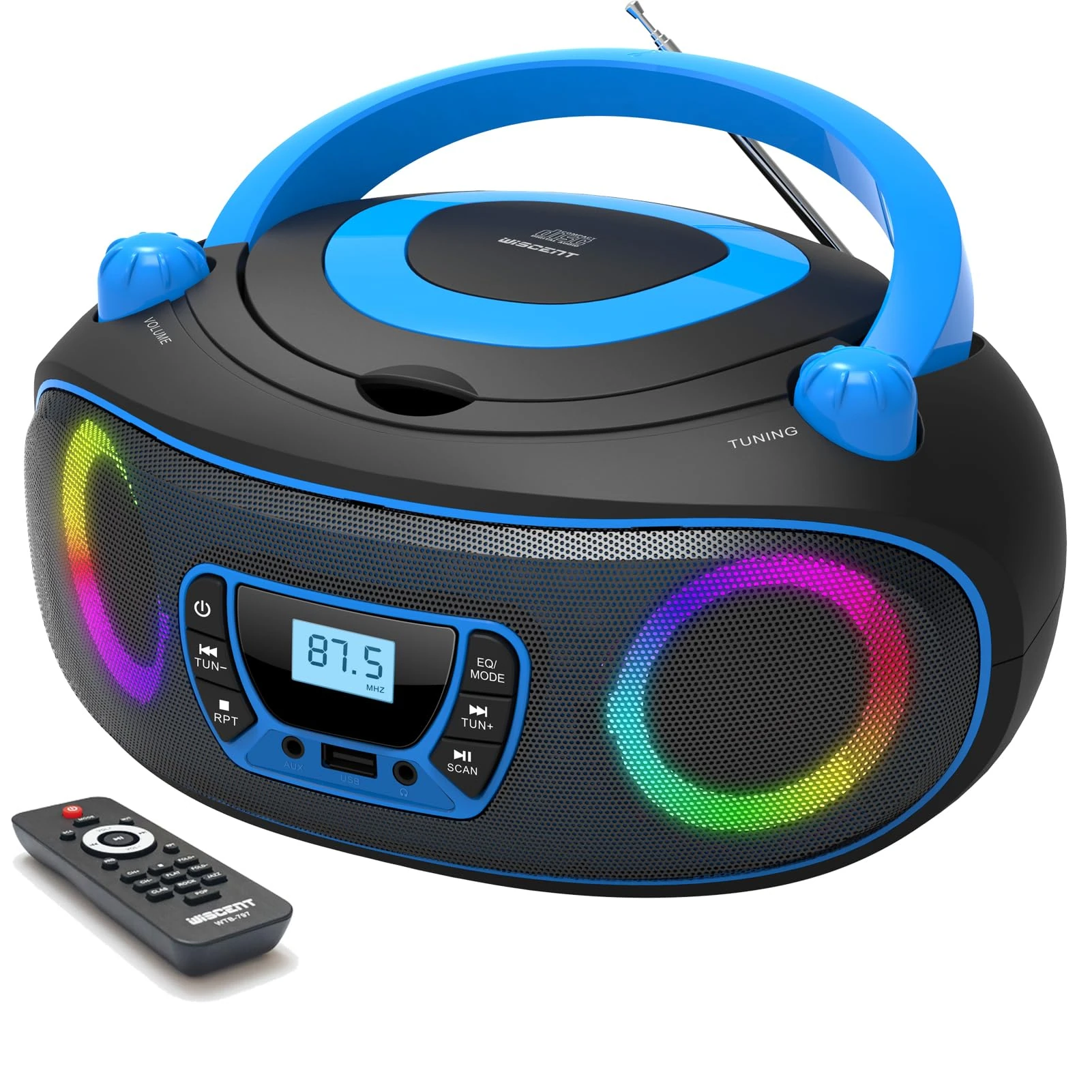 WIITHINK Portable CD Player with FM Radio, Bluetooth CD Boombox, USB, AUX Input, Headphone Jack, Colorful Light, Remote Control, Mains or Battery Powered