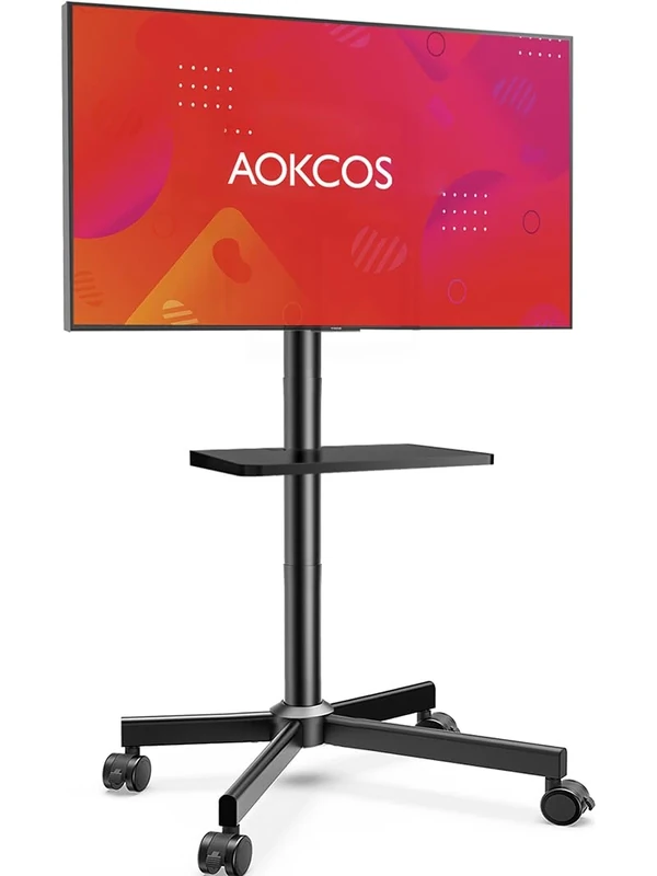 AOKCOS Mobile TV Stand on Wheels for 32-65 Inch TVs Rolling TV Trolley with Tilt -8°-15°Height Adjustable Up to 1434mm Easy Installation, 400x400mm VESA for Office