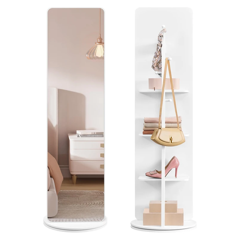 SONGMICS Full-Length Mirror, Standing Full Body Mirror, 360° Rotatable, 163 x 45 cm, with Base, Shelves, and Hooks, Clear Tempered Glass, for Bedroom, Living Room, Cloud White LFM036W01