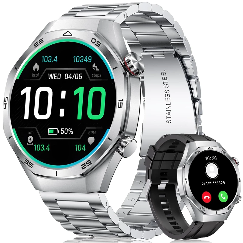 MEGALITH Smart Watch Men Fitness: 1.52 Inch HD Touch Screen Silver Smartwatch with Phone Function - Tracker Sports Waterproof Compatible Android iOS