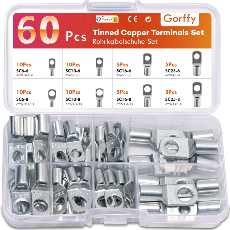 Gorffy Battery Terminal Connectors 60PCS, Tinned Copper Battery Cable Connectors, Heavy Duty Battery Crimp Terminals, M6 M8 SC Ring Terminals, Crimp Battery Lugs, Cable Lugs for Electric, Auto
