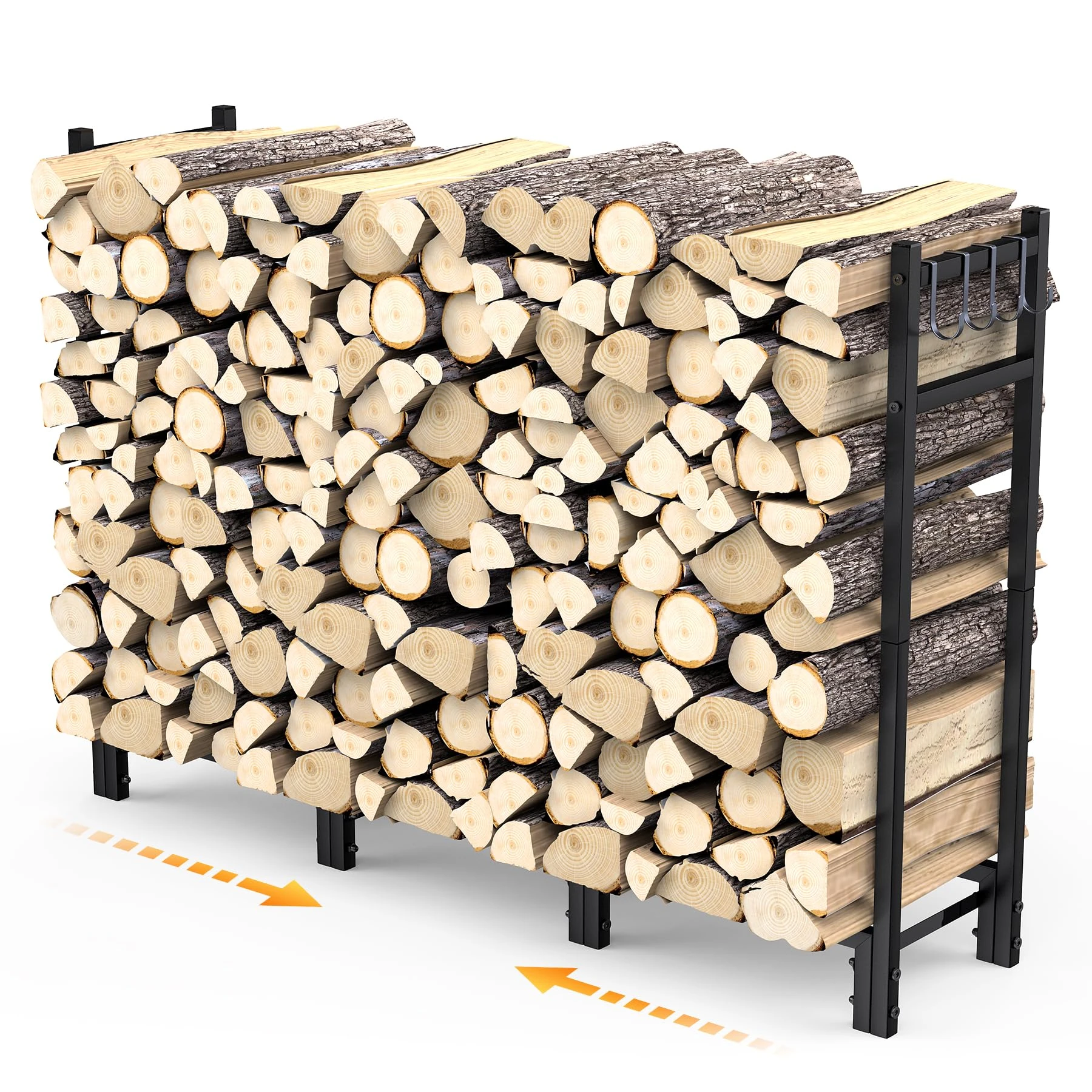 FRONDENT Heavy Duty Big Fireplace Rack, 44.7"L x 31.5"H Folding Firewood Storage Log Rack with 4 Hooks, Adjustable, Black, Keeps Firewood Neat, Drying - Not Include Wood