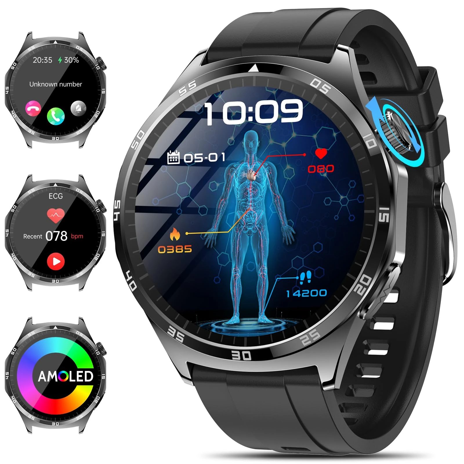 Marsyu Smartwatch with ECG,1.43" AMOLED Screen Smart Watch for Men Answer/Make Calls,Sport Fitness Smartwatchs with Blood ρressure,Heart Rate,SPO2,Body Temperature,Sleep Monitor Watch (Black)