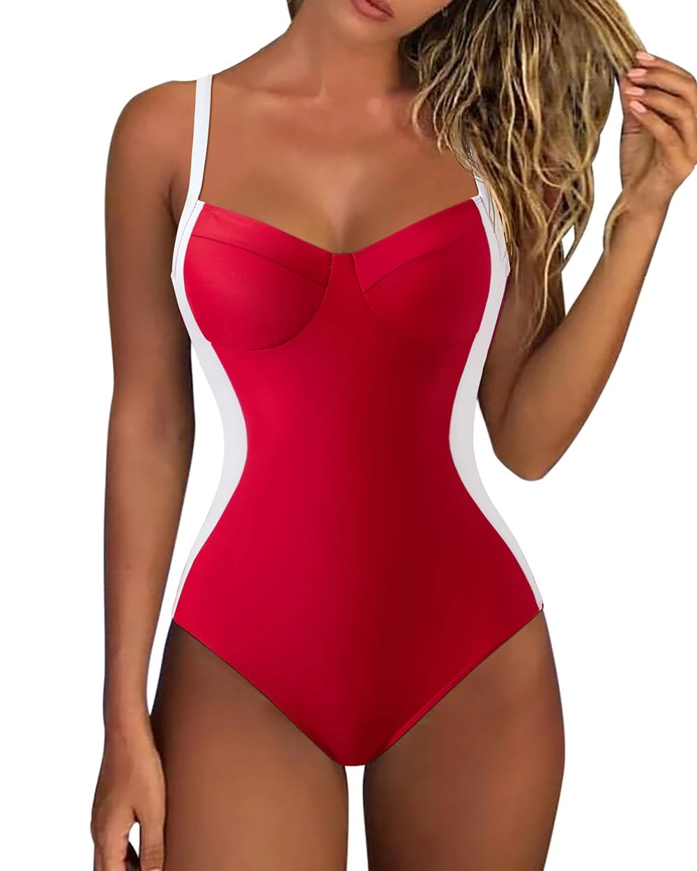 DOULAFASS Shape Push Up Swimming Costume Women Tummy Control Swimsuit V Neck Crisscross Back Padded Sexy One Piece Swimwear Red White