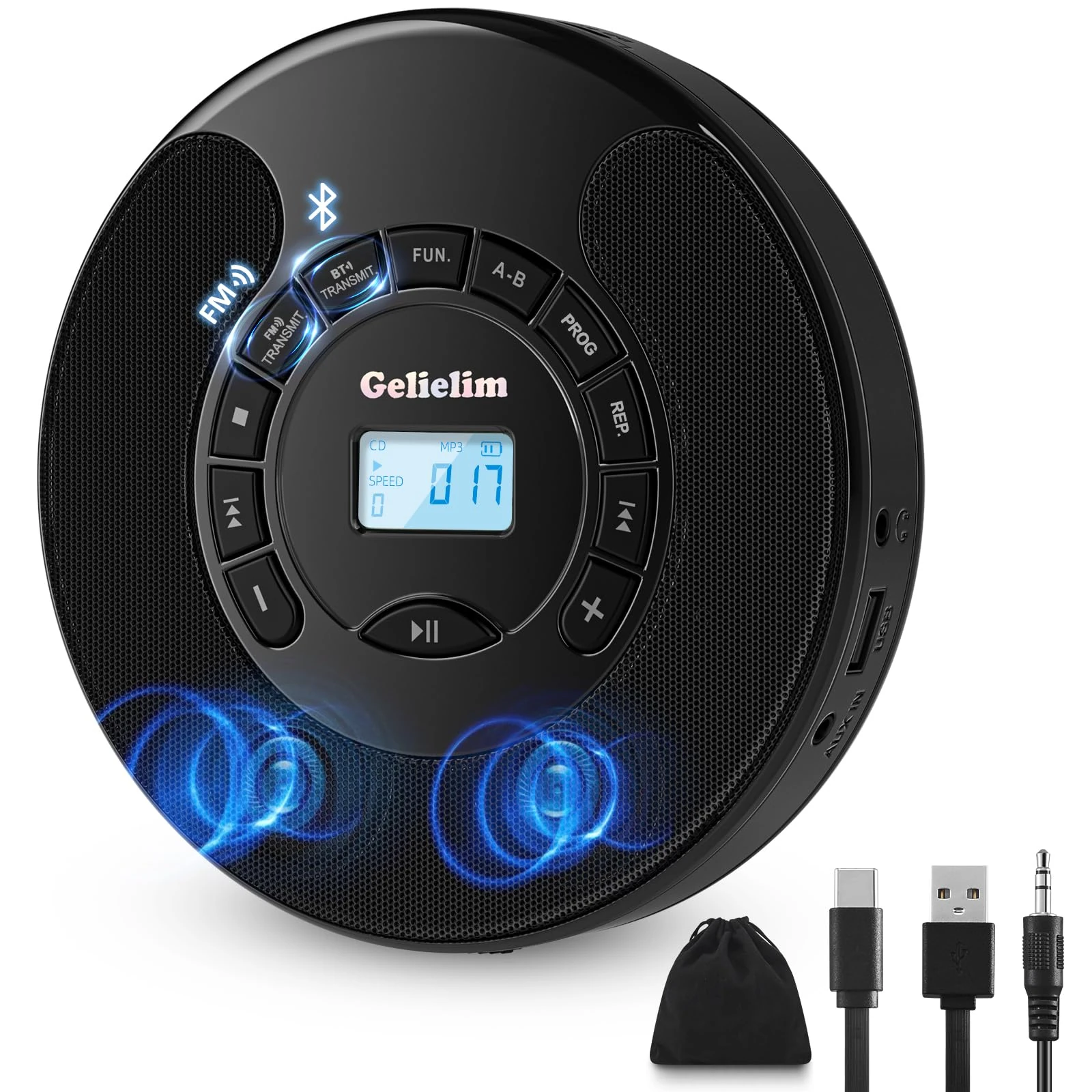 Gelielim Portable CD Player, Disman CD Players for Car with Bluetooth and FM Transmitter, CD Walkman with Dual Stereo Speakers, Anti-Skip Protection, AUX/USB Port, 2000mAh Rechargeable Battery