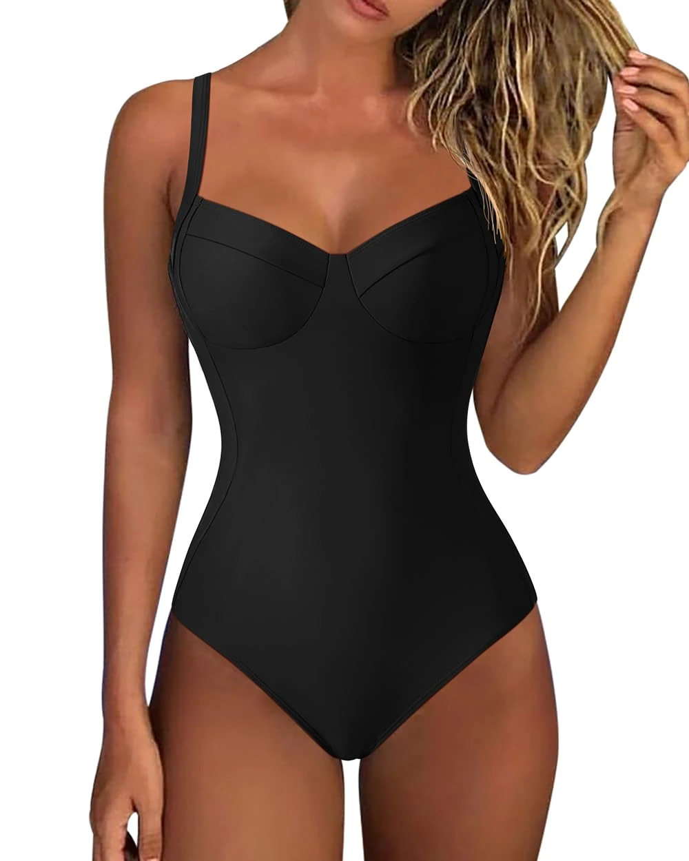 DOULAFASS Shape Push Up Swimming Costume Women Tummy Control Swimsuit V Neck Crisscross Back Padded Sexy One Piece Swimwear Black