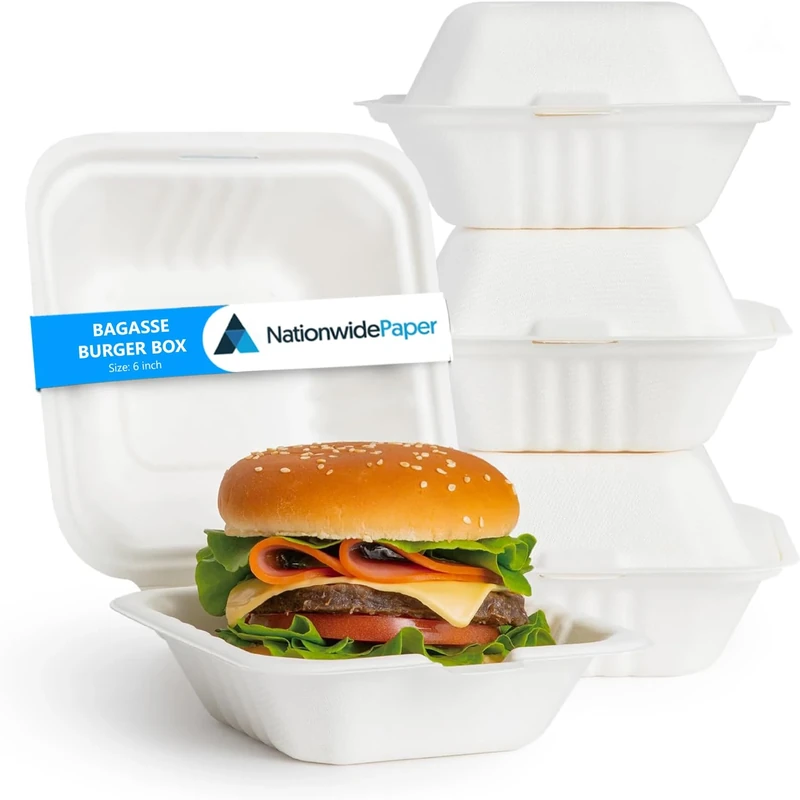 Nationwide Paper Pack of 500 Burger Boxes Takeaway Bagasse Sugarcane White Boxes Microwave and Freezer Safe, 6Inch(15cm)