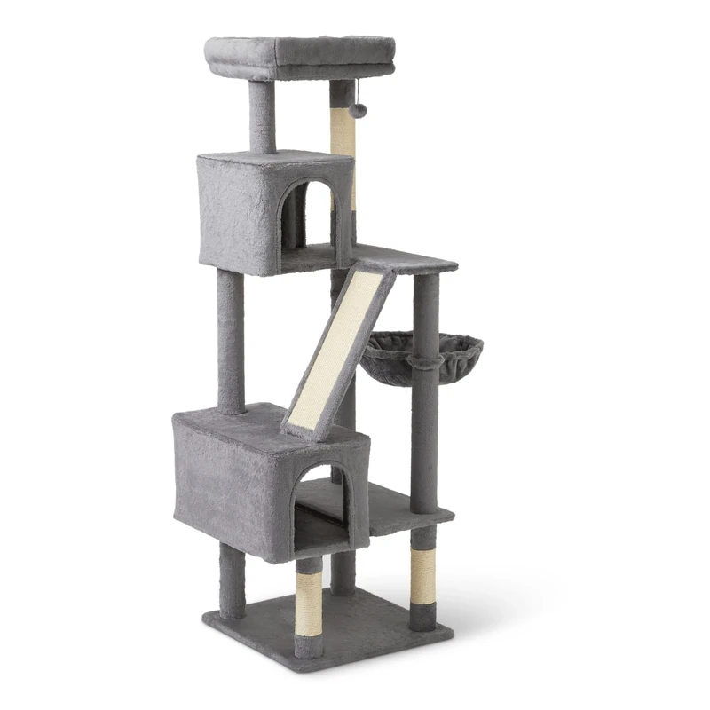 Amazon Basics Cat Tree for Indoors Cats, Multi-Level Cat Tower Cat Condo with Scratching Post, Cozy Hammock and Perches for Adult cats, Interactive Dangling Ball, L – 60.1” (152.7cm) H, Grey