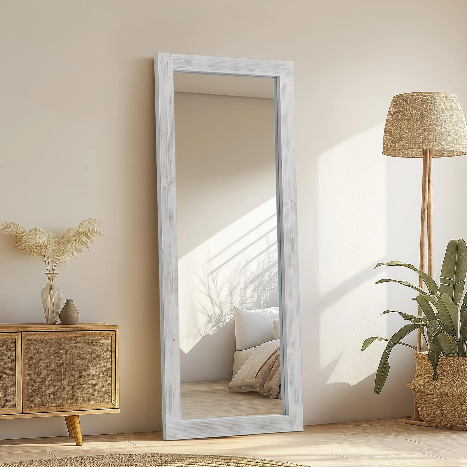 Rustic Standing Full Length Mirror Wood Frame, 56"X21" Farmhouse Floor Mirror for Bedroom Living Room Entryway, Hanging or Leaning Wall-Mounted Full Body Mirror, Tempered Glass, White