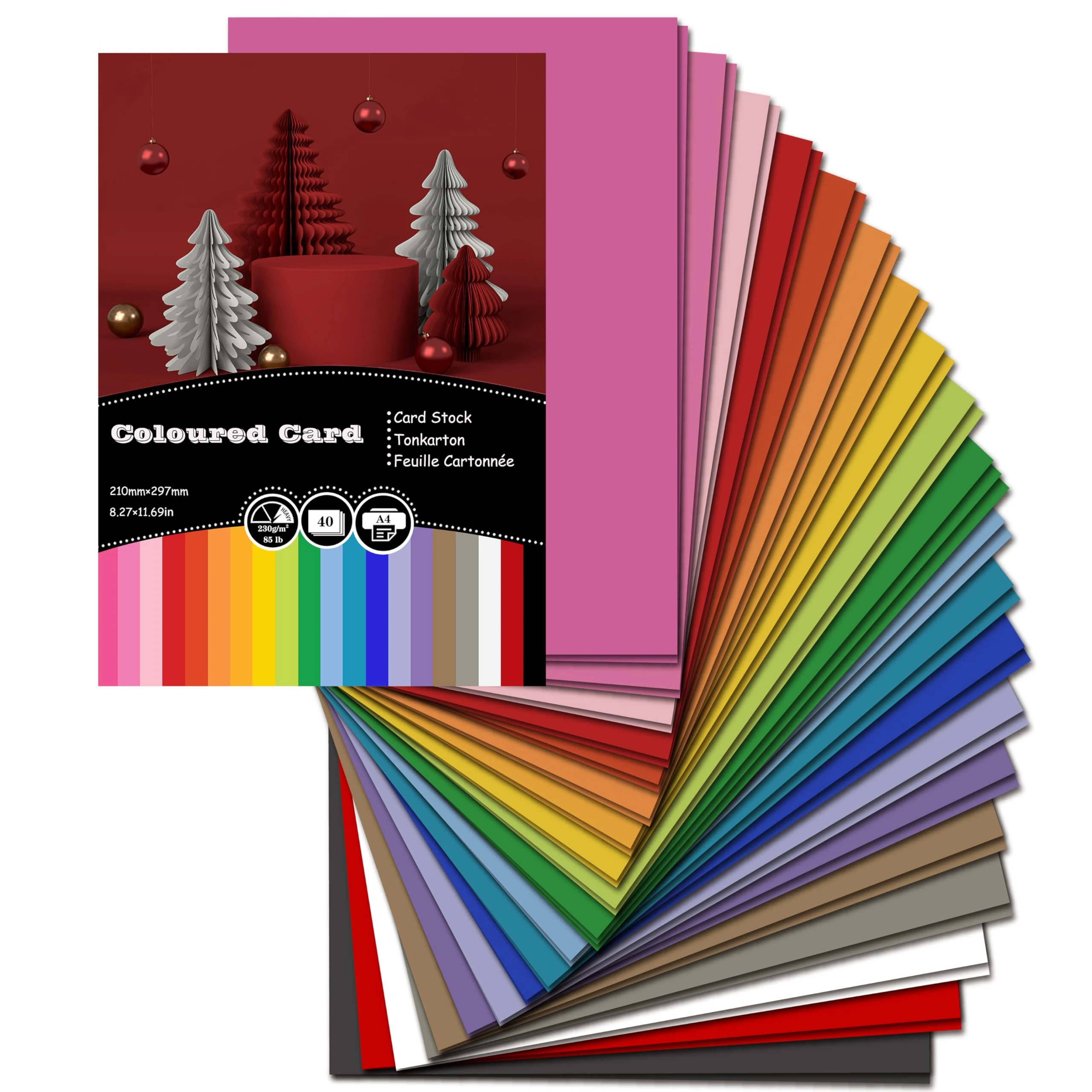 Coloured Card, 40 Sheets, A4 Card 230gsm Thick Multicoloured Card Stock for Cards Making, Scrapbook, Office Printing and Arts or Crafts - 20 Assorted Colours