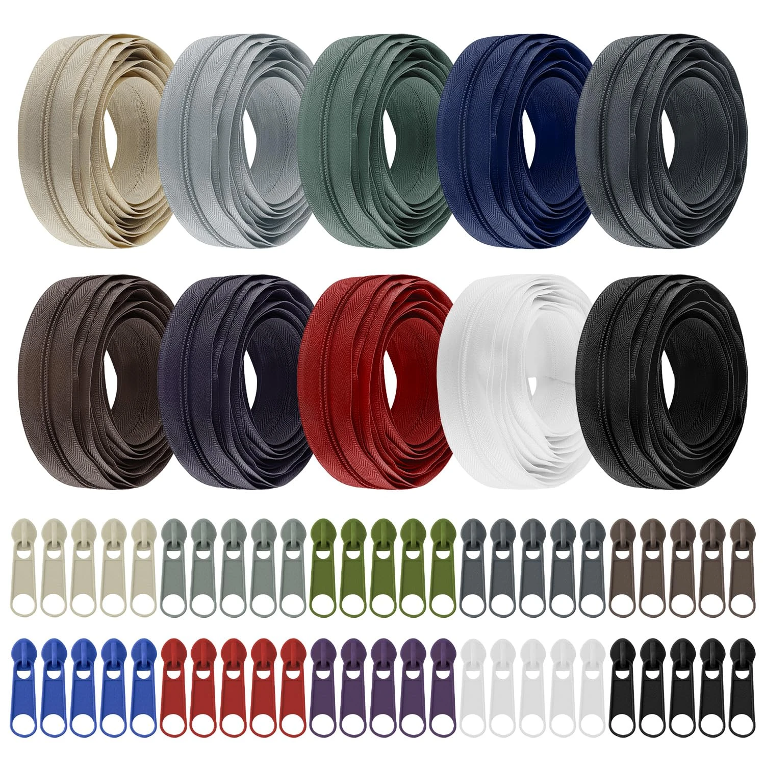 QWORK® 2.6cm Nylon Endless Zip Set,10 Color Zipper Collection with Slider and Zip for Sewing & Crafts, 30m Total