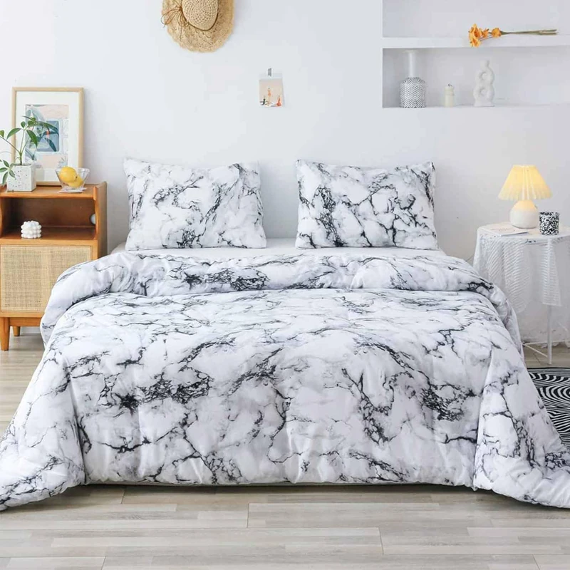 ETDIFFE King Size White Black Marble Comforter Set, 3pc Gray Modern Neutral Bedding Set, All Season Lightweight Microfiber Down Alternative Bed Comforter for Women Men, Grey